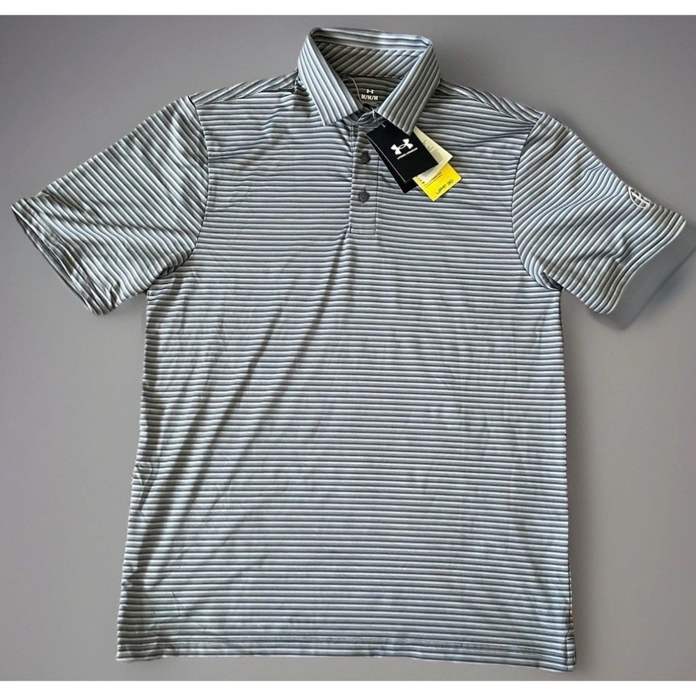 New Under Armour Golf Drive Groove Stripe Polo Shirt Gray Logo Medium NWT JBHS